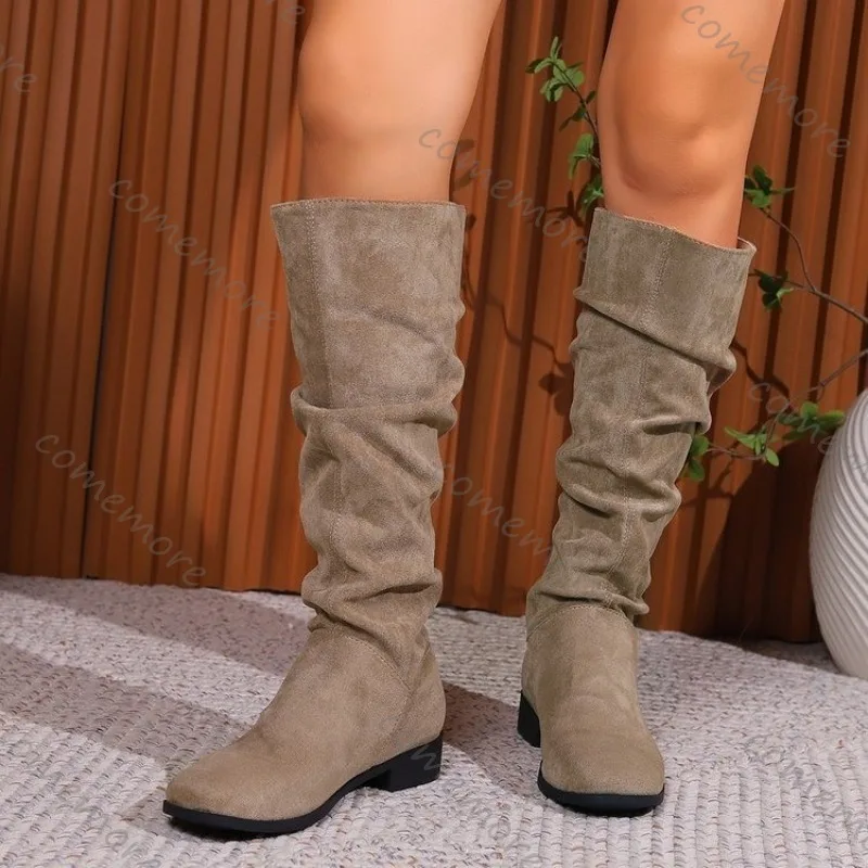 New Women\'s Boots Low-heeled Nude Pleated Suede High Boots Khaki Black Long Boots Large-size Round-toe Fashionable Boots Ladies