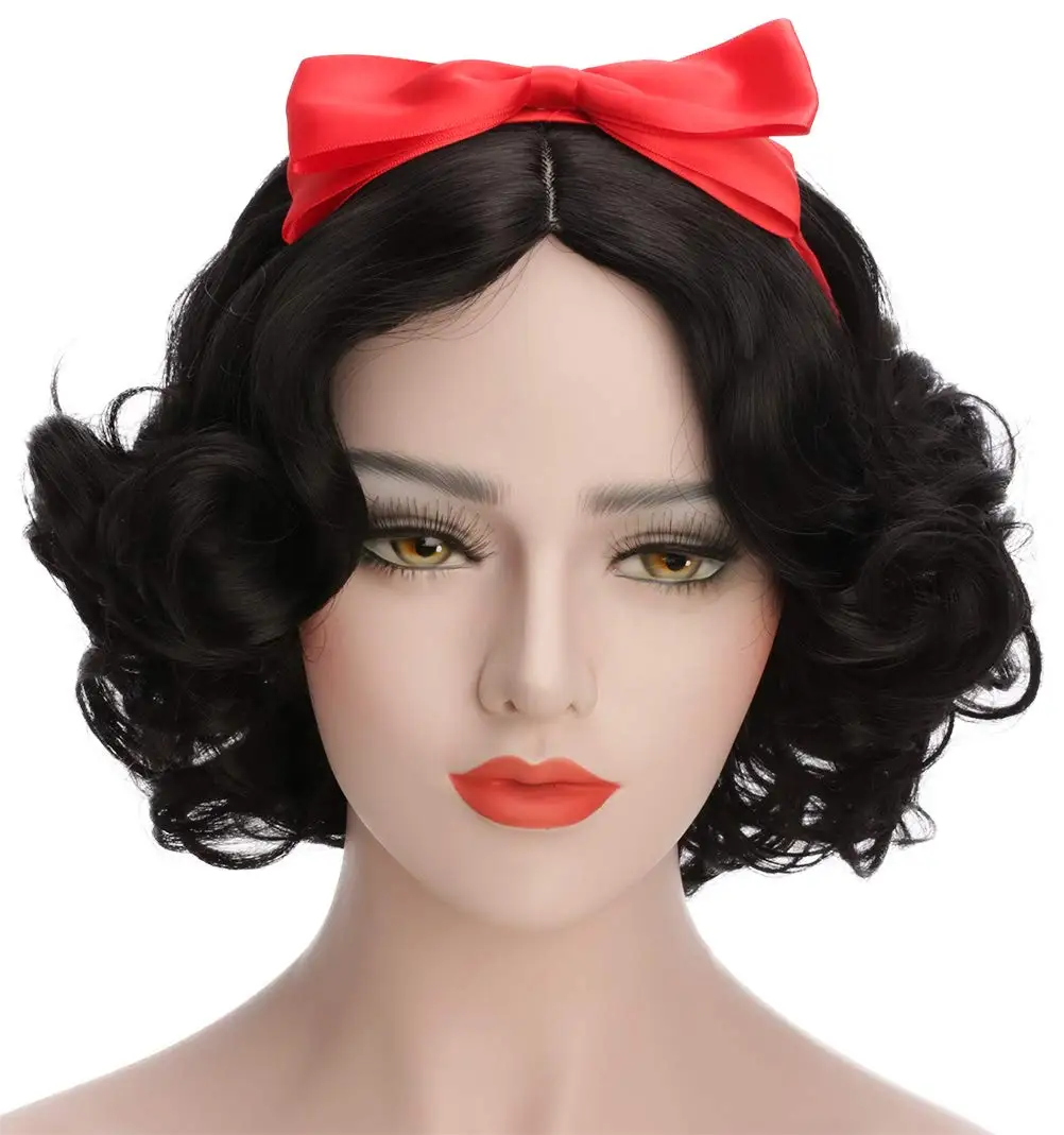 Snow White Princess Girls  Adult Women Short Bob Wave Black Cosplay Wig Halloween Costume Wig Anime Party Wig