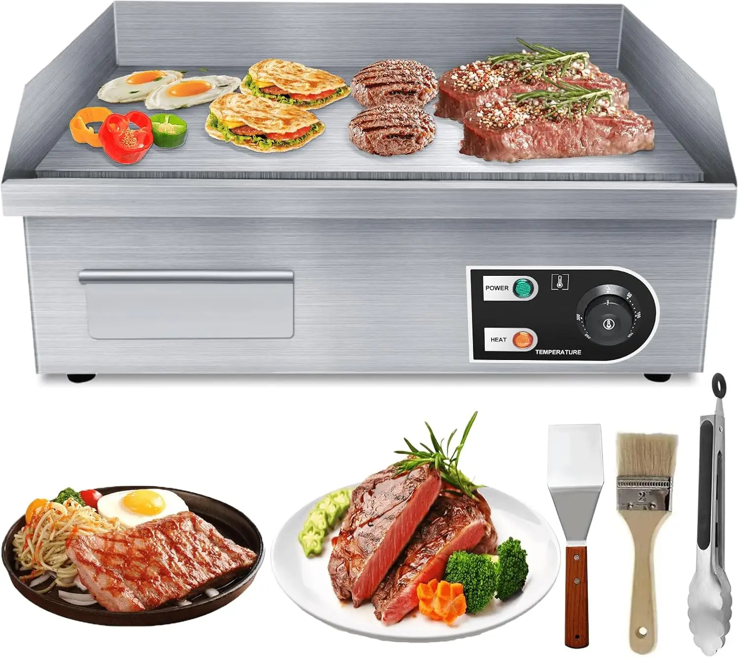 Countertop Griddle 110V 1600W Commercial Electric Griddle Restaurant Grill Temperture Control Stainless Type A