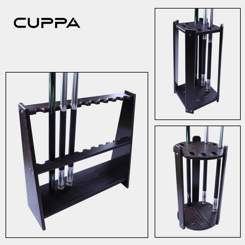 Easy-to-assemble Retro Wood Pool Stick Holder with 8/9/10 Holes Anti-scratch Cue Rack for Billiard Room & Club