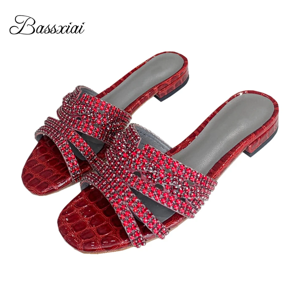 

Luxury Real Leather Stone Grain Lazyman Mules Lady Sexy Open Toe Jeweled Crystal Rhinestone Flat Heel Slippers Women