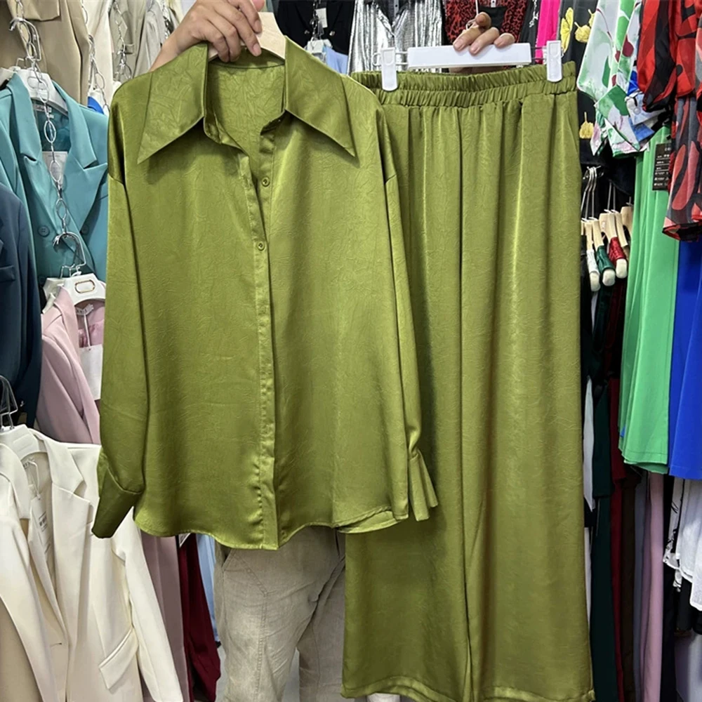 Conjunto de dos piezas de camisa holgada de satén de acetato + pantalones de pierna ancha con cintura elástica-GZTZ064