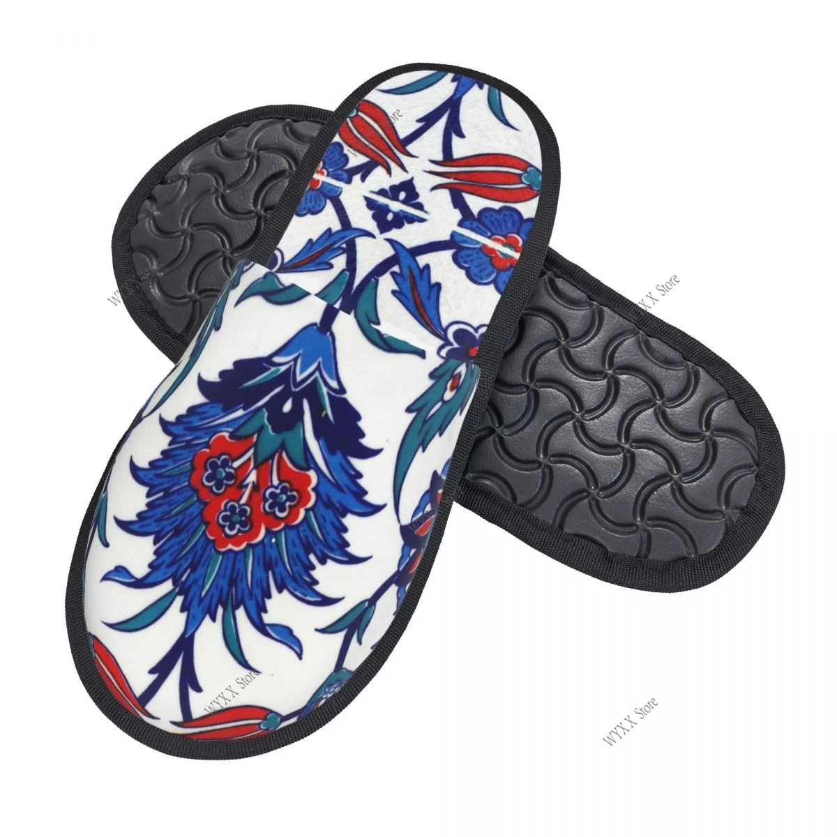 Baroque Blue Flower Home Slippers Winter Warm Plush Slippers For Winter Soft