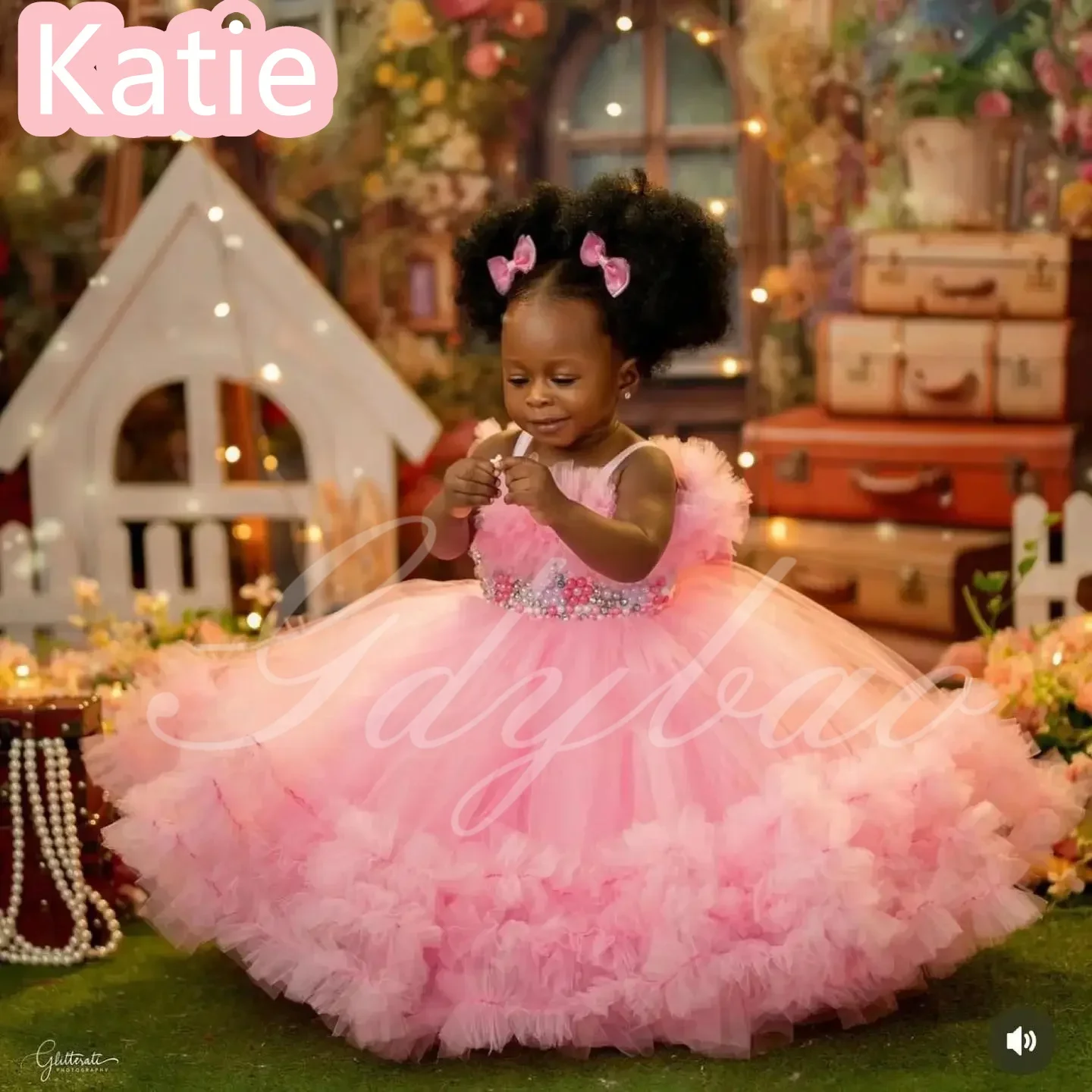 فستان بناتي على شكل زهرة وردية لحفلات الزفاف مطرز باللؤلؤ من التول المنتفخ للأميرة للأطفال وحفلات أعياد الميلاد الأولى مخصصة #1