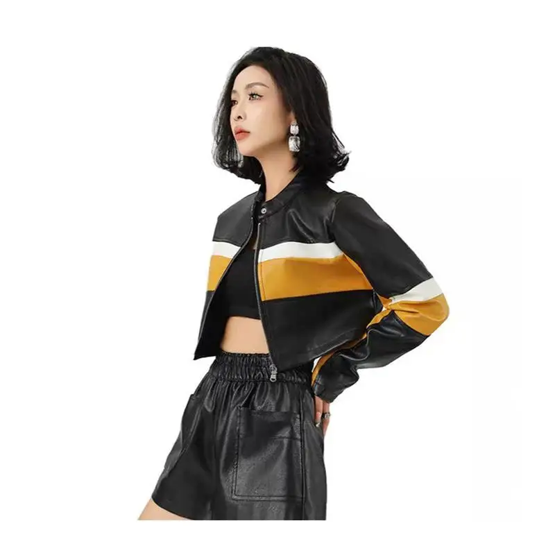 Sexy ort PU cuir Jaet femmes coupe ajustée col montant contraste couleur épissage moto Sle Faionable Biker manteau