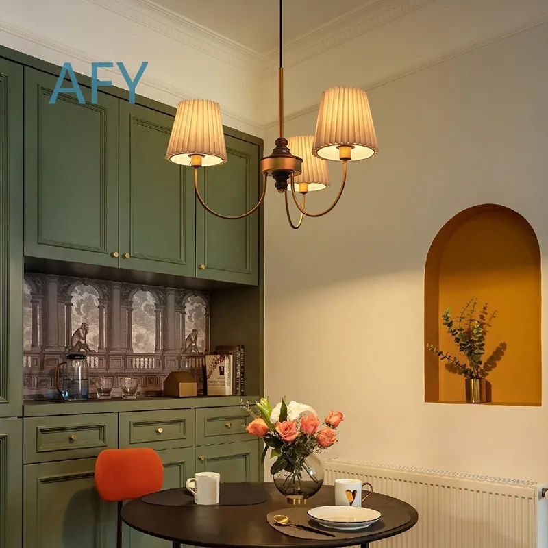 French Cream Wind Pendant Lamp for Living Room Bedroom Study Restaurant High End American Medieval Beige Fabric Ceiling Light