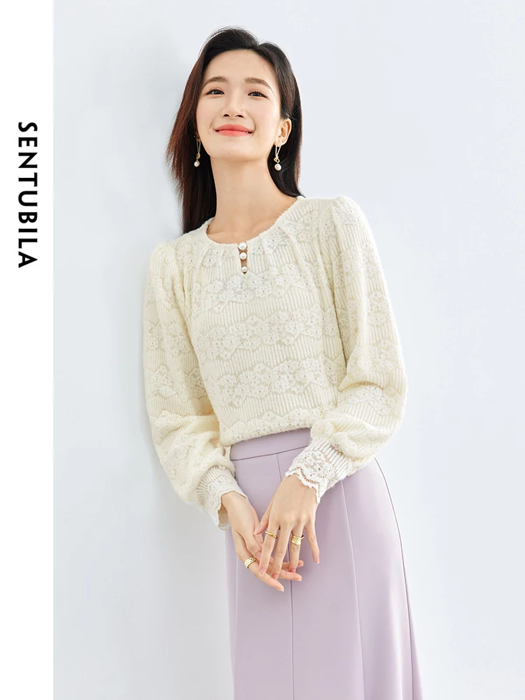 SENTUBILA Round Neck Women\'s Lace Shirt 2024 Woman Elegant Apricot Pullover Long Sleeve Shirts & Blouses Spring Tops 141S53225