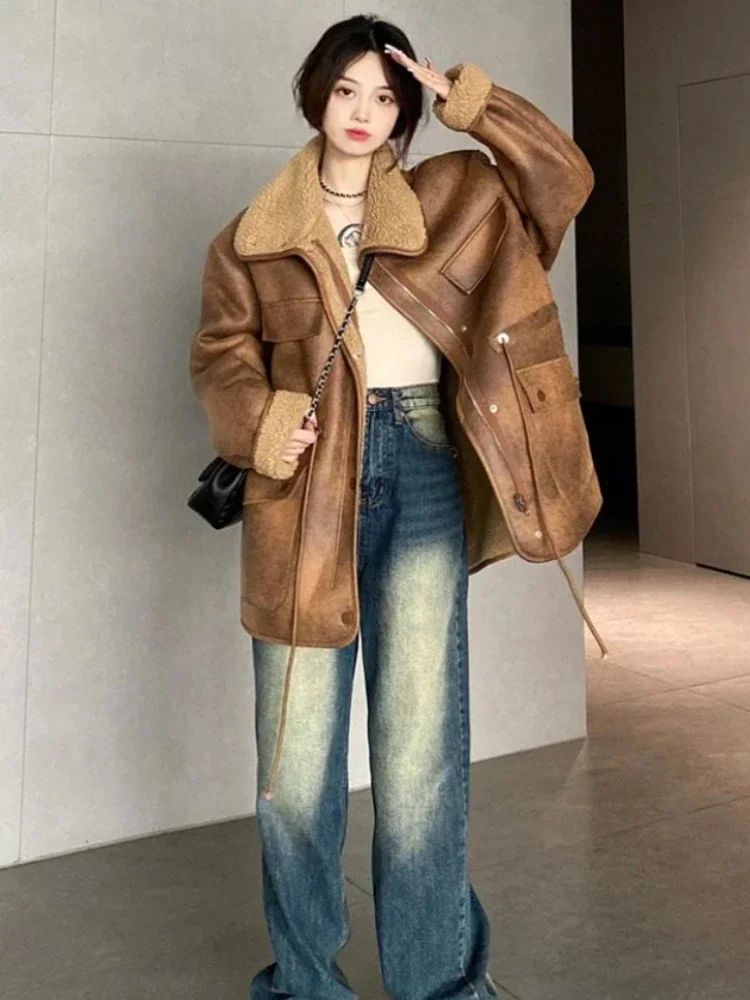 American Vintage Warm Jackets Lamb Wool Two Sides Wear Winter Design Coats Streetwear Fashion All Match Women\'s Clothing 2024