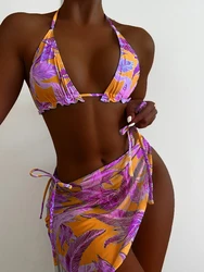 Print Halter Ruffled Bikini Female Micro Swimsuit Women Swimwear Three-pieces Bikini set With Sarong Bather Bathing Suit Swim