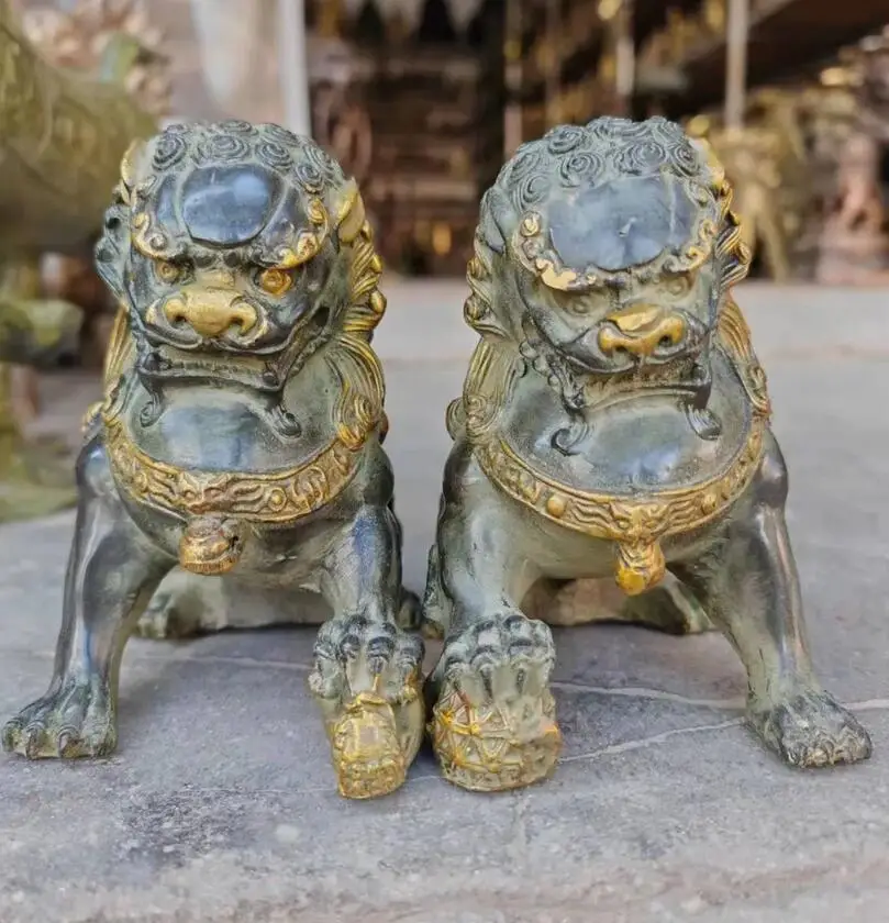 Antique old Bronze Lions Door Fengshui Guardion Fu Foo Dogs Lion Statue Pair