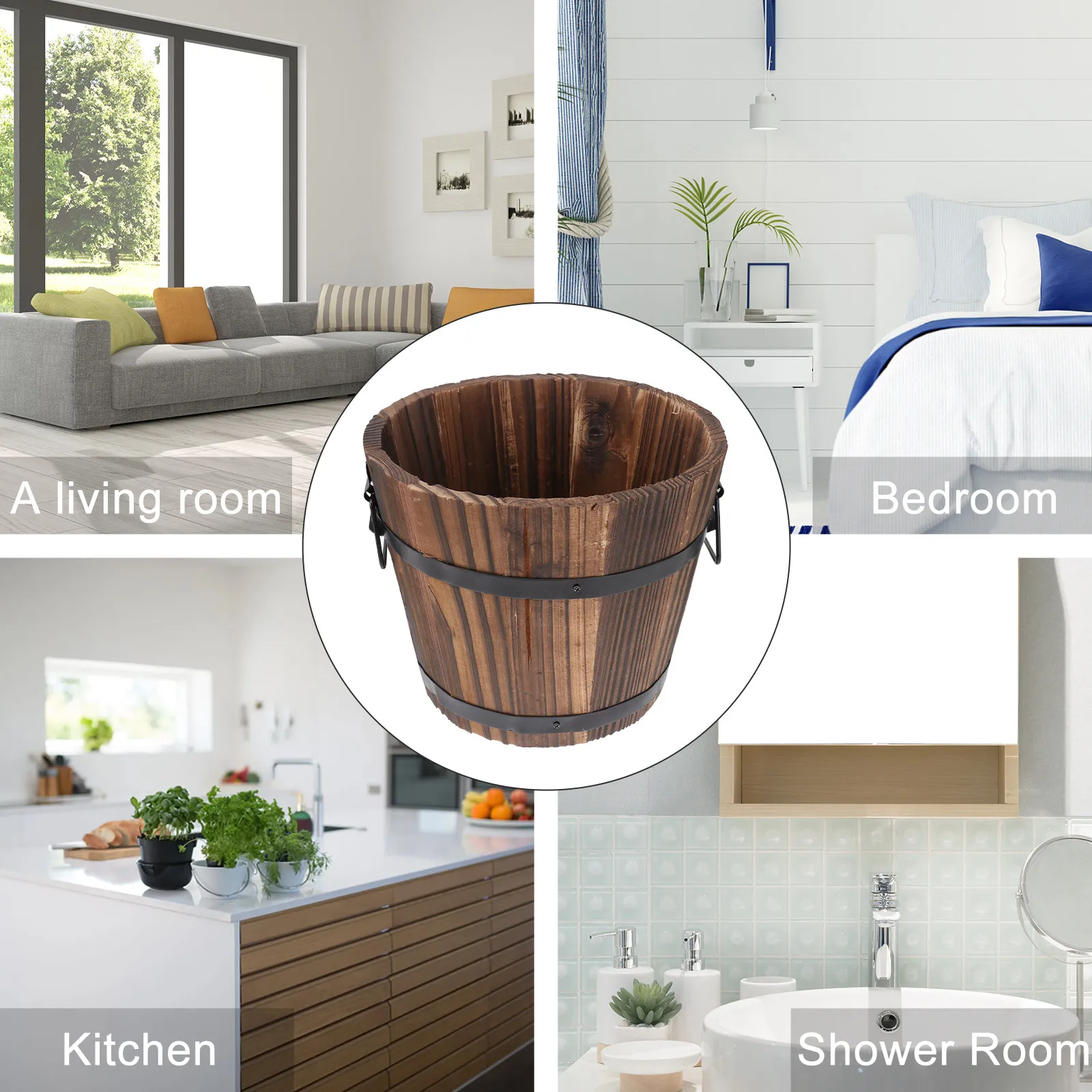 Wooden Round Barrel Planter Large Brown Eco Friendly Flower Pot Home Office Garden Decoration Rustic Wood Bucket Planter view 2
