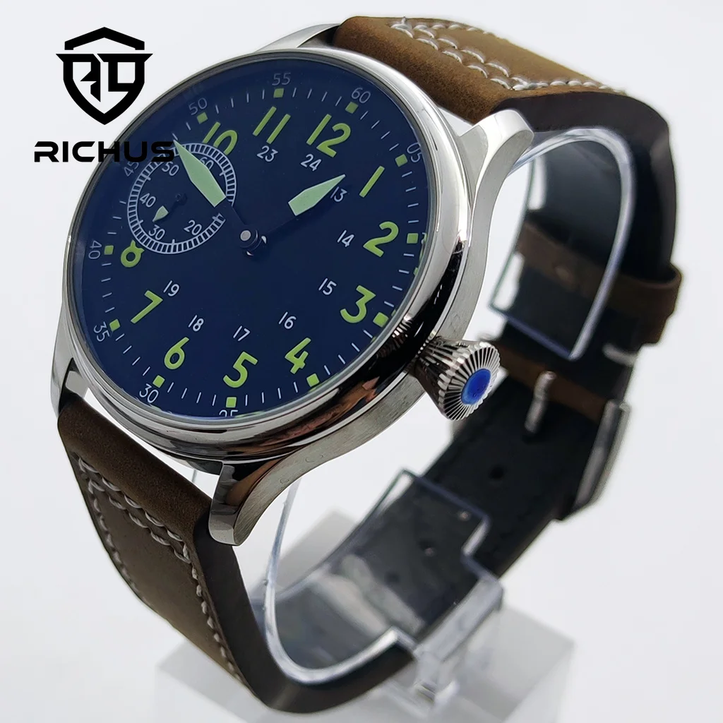 

44mm Men‘s Watch Fashion Watch Leather Watch Strap Green Luminous Watch 17 Jewels ST3600 6497 Movement Sport Wristwatch