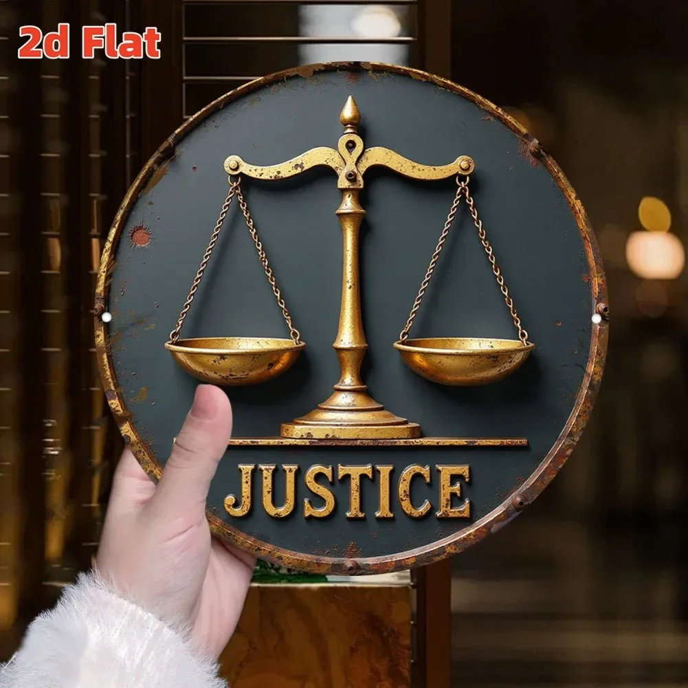 لوحة فنية جدارية معدنية مسطحة عتيقة مقاس 7.79 × 7.79 بوصة ثنائية الأبعاد - لافتة ألومنيوم ريفية بموازين ذهبية وسيف، ديكور للمنزل