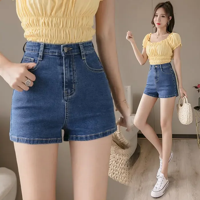 A- Line mujer กางเกงขาสั้นเอวสูงสีขาวสำหรับผู้หญิงเอวสูงรัดรูป celana pendek DENIM ยืดทรงหลวมฤดูร้อน