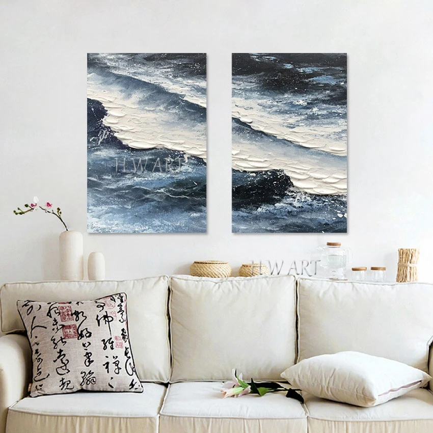 Palette Canvas Art Design Picture, Sea Wave Oil Painting, Abstract Wall Decor, 2PCS, Acrylic Textured, Unframed, High Quality