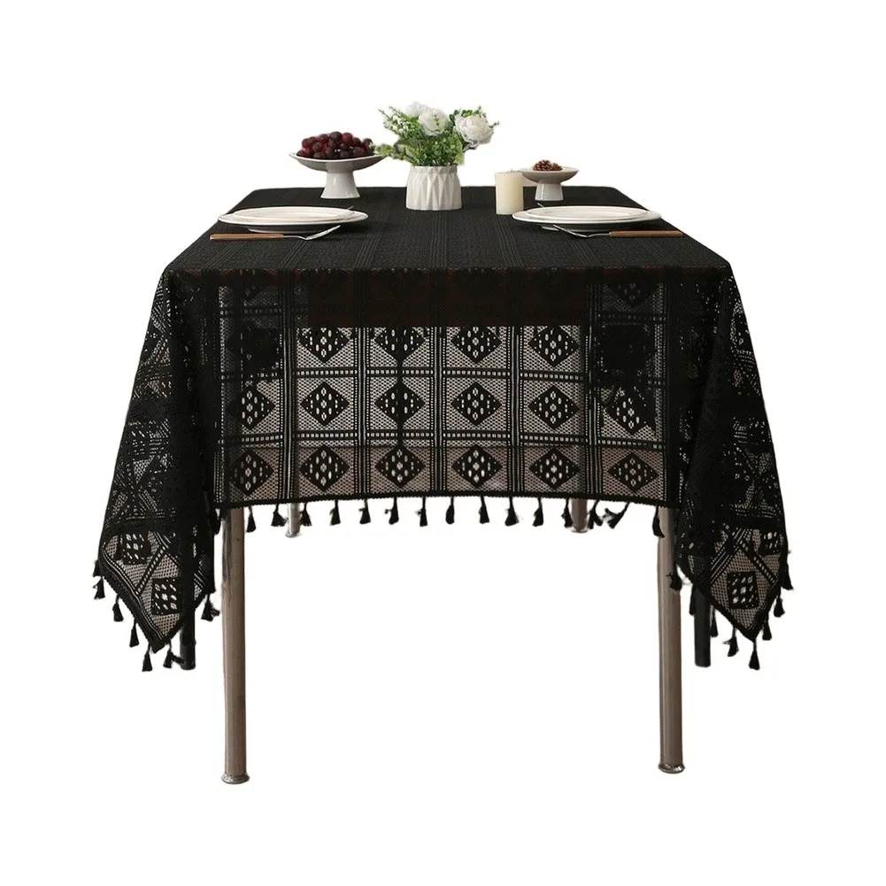 Geometric Diamond Hollow Lace Table Cover With Tassel Hem For Tea Party Decor Synthetic Fiber Cloth 140x140cm