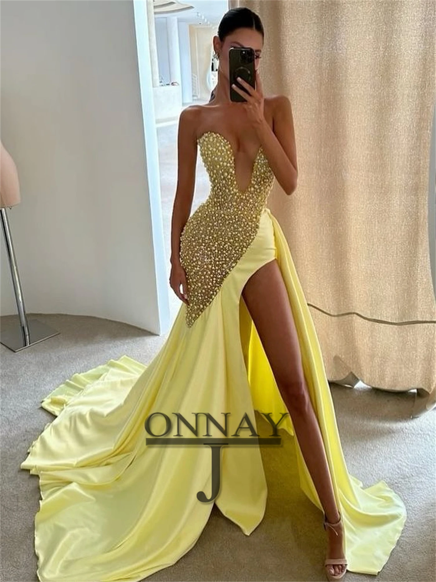 Customized Bling Strapless Prom Dresses for Women Pearls Sequins Beadings with Slit Pleat Mermaid Gala Bespoke Vestidos De Gala