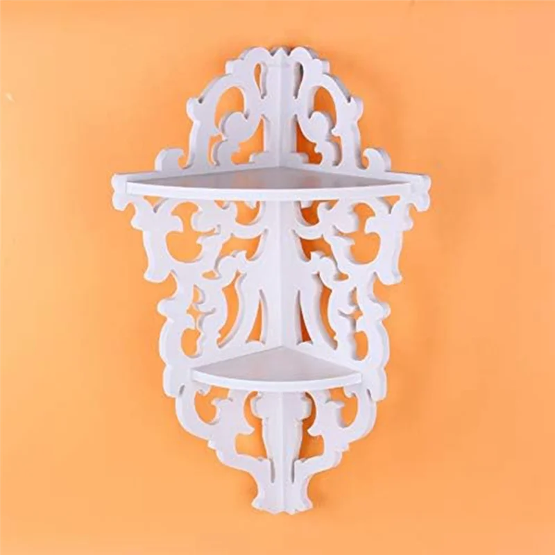 

A47F-Corner Shelf 2 Tier Wall Mounted Carved Home Bathroom Corner Shower Storage Shelf Corner Display Rack For Decoration