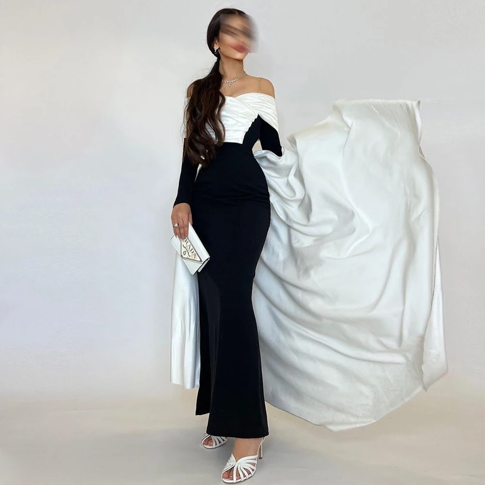 Elegant Luxury Evening Dress 2024	Contrast Color Ankle Length Off The Shoulder Long Sleeve Watteau Train Dresses For Formal