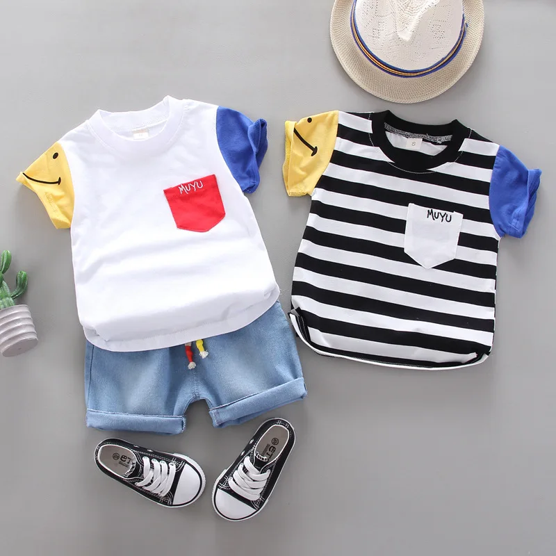 

Korean Version Baby Short-Sleeved Clothing Suits Summer Cotton Children's T-Shirt + Denim Shorts Sets Handsome