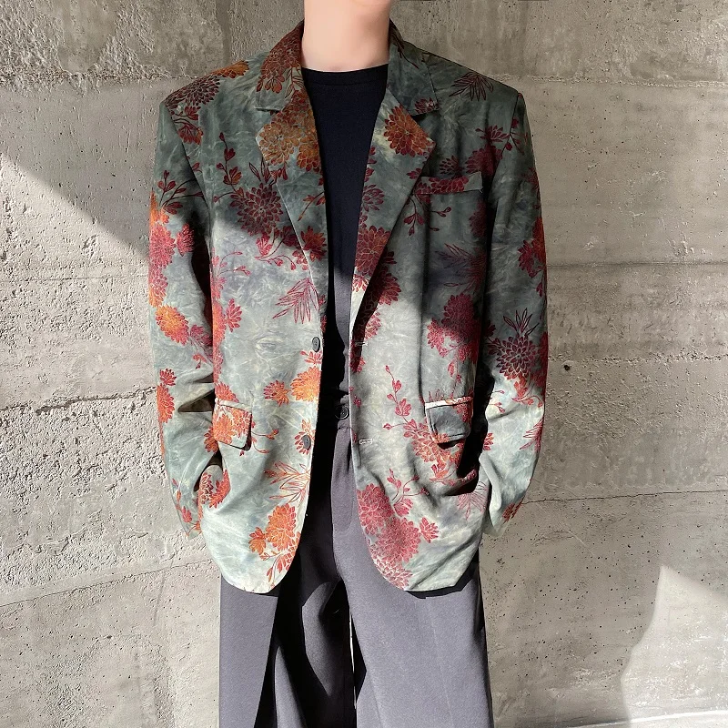 Men Flower Vintage Flocked Loose Casual Blazers Suit Jacket Women Streetwear Fashion Oversized Suits Coat Host Clothes