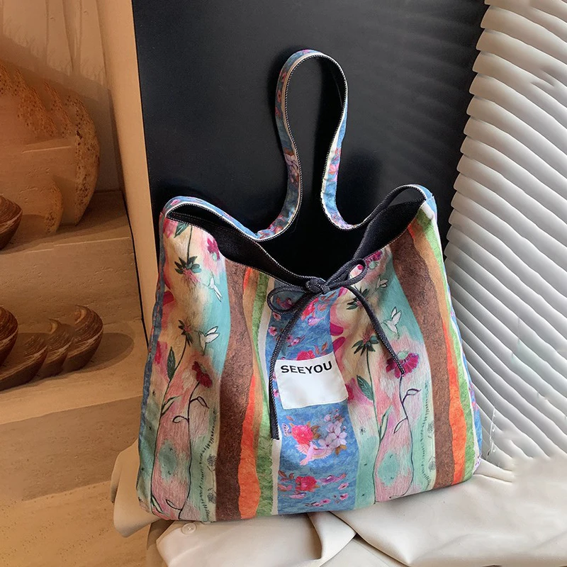 

Ethnic Style Canvas Shoulder Bags for Women Casual Versatile Student Commuter Tote Bags Unique Lady Handbags