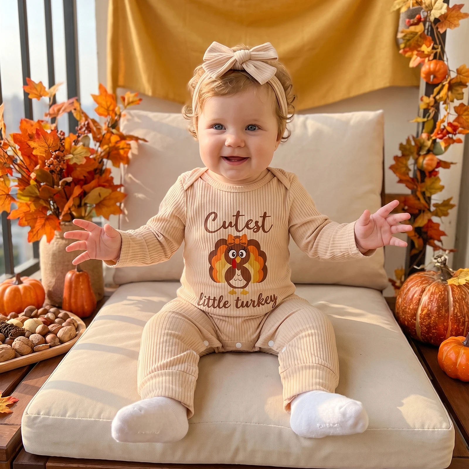 Baby Girl Thanksgiving Romper Long Sleeve Turkey Print Jumpsuit Headband