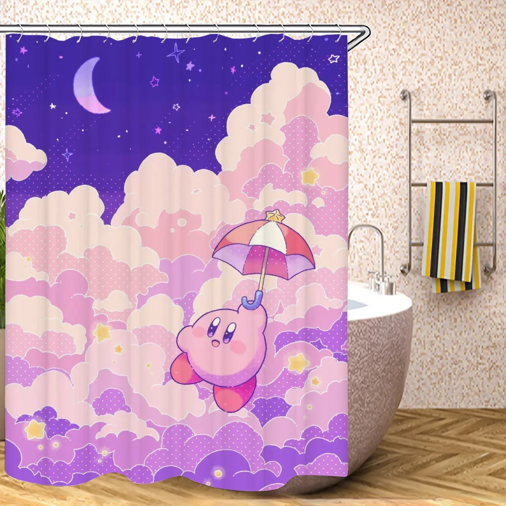 Kawaii Cartoon Kirbys Shower Curtains for Bathroom Curtain Folding Partition Bath Accessories Bedrooms Waterproof Fabric Set