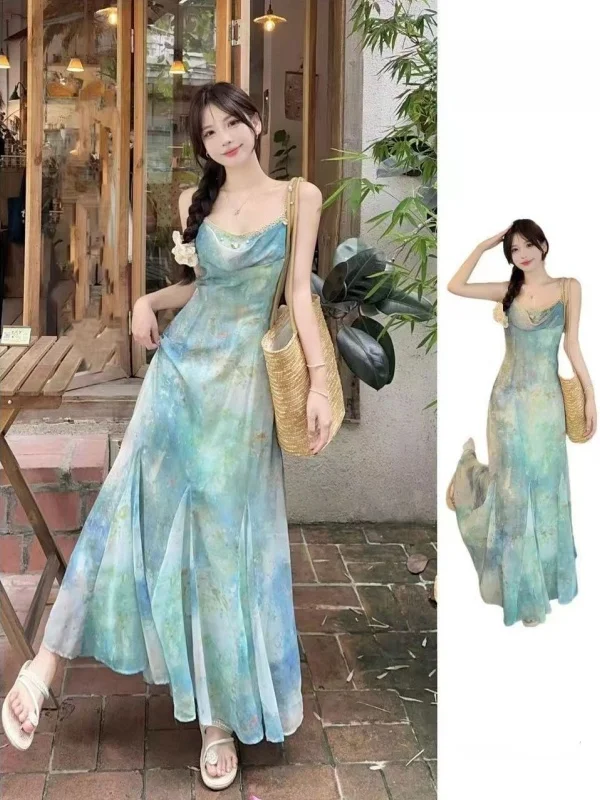 Verano Vaion Sle Strapl Dr Mujer Salida en la playa PINTURA AL ÓLEO BDING Falda acampanada Larga Dr Fairy T Ele