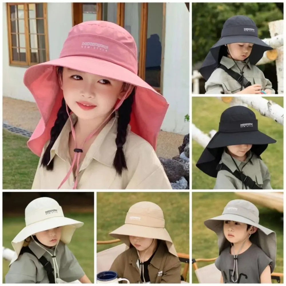 Sombrero a prueba de sol con capa para niños, gorra alpina para acampar, sombrero de ala grande, sombrero de cubo fino para niños, alfabeto ajustable, Verano