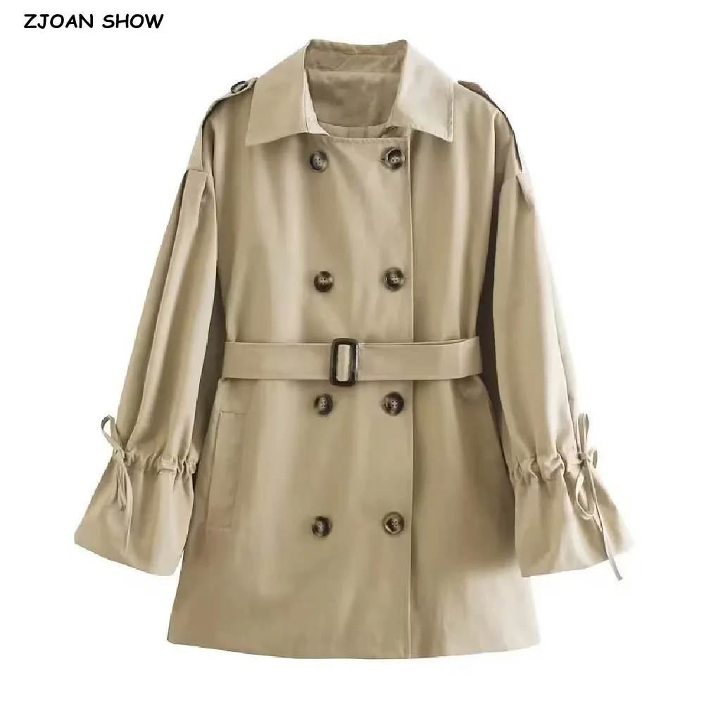 

2025 Street COOL Women High Stand Collar Trench Buckle Sashes Open Buttons Raglan Sleeve Short Windbreaker Coat Loose Outerwear
