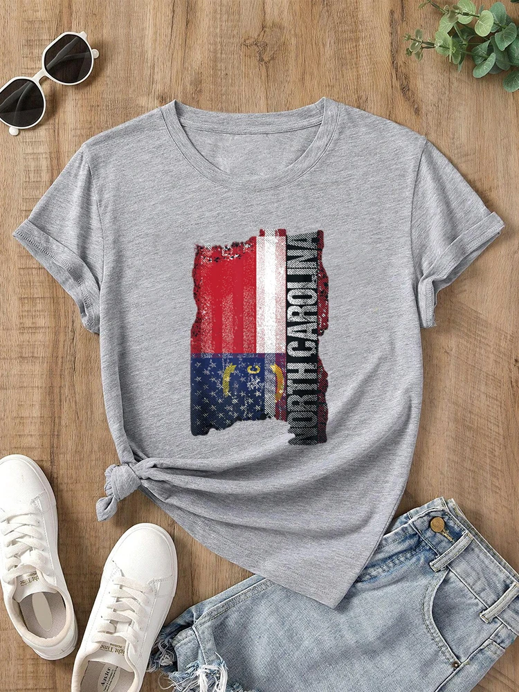 North Carolina State USA Flag Souvenir Gift T-Shirt Peace and friendship T-Shirt Round Neck Summer Top Tshirts For Youth Women