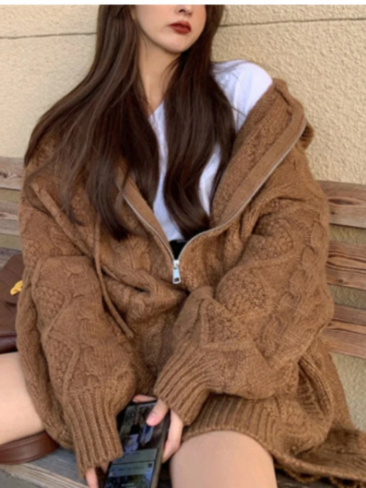 

Vintage twist solid color zipper sweater cardigan autumn and winter new loose and lazy wind hooded knit cardigan coat women