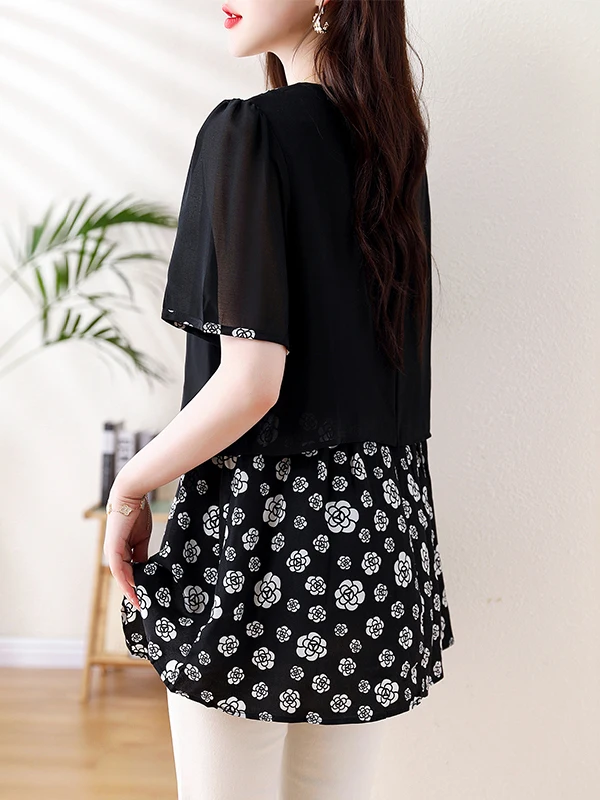 Été 2025 grande taille femmes col de poupée irt minceur rétro bouton épissage en mousseline de soie Anti-âge haut coréen Sle coupe ample