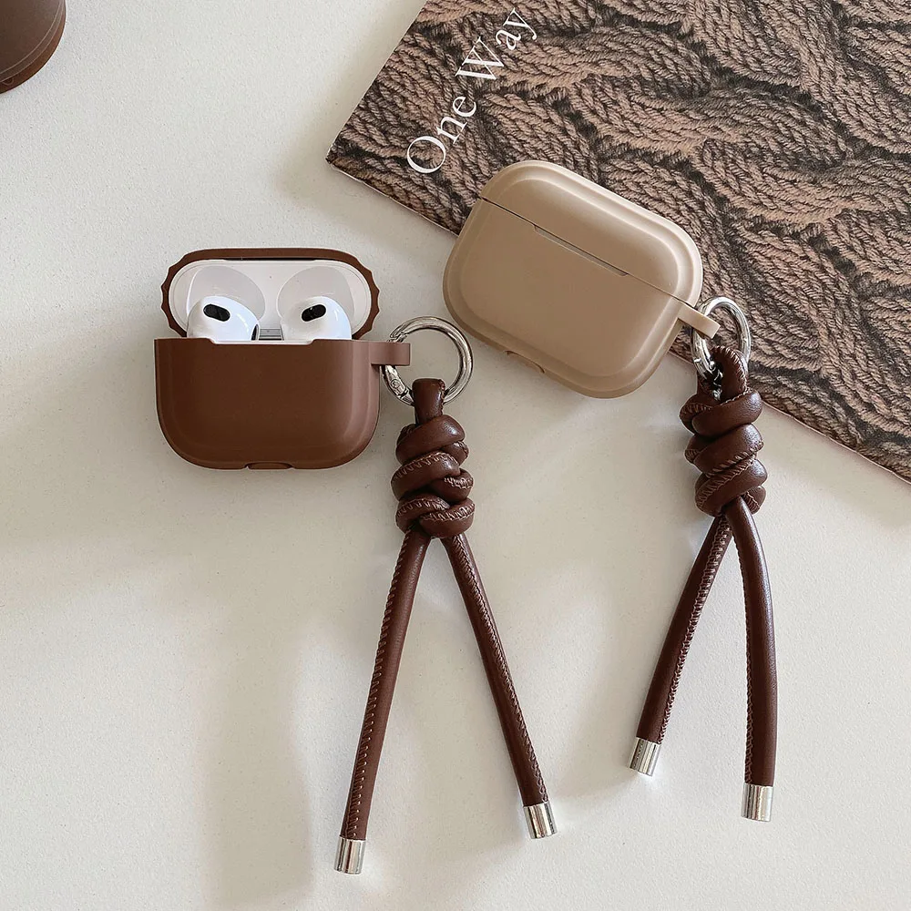 caramel milk tea colour square silicone earphone case for airpods 4 leather woven rope keychain for airpods 1 2 3 pro 2nd coque