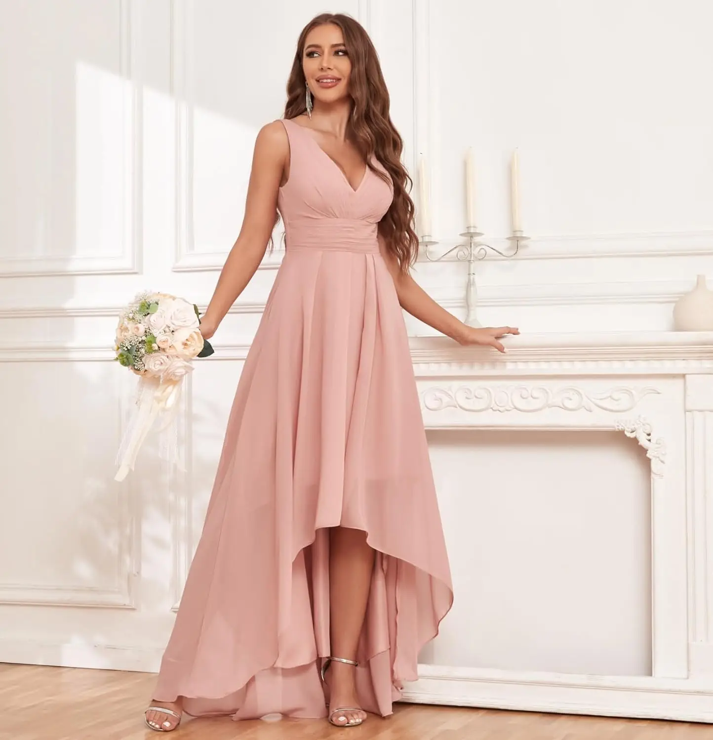 여성용 웨딩 브라이드메이드 드레스, A라인 하이로우 디자인, V넥 쉬폰 주름 장식 이브닝 정장 드레스, 포켓 포함 파티 드레스