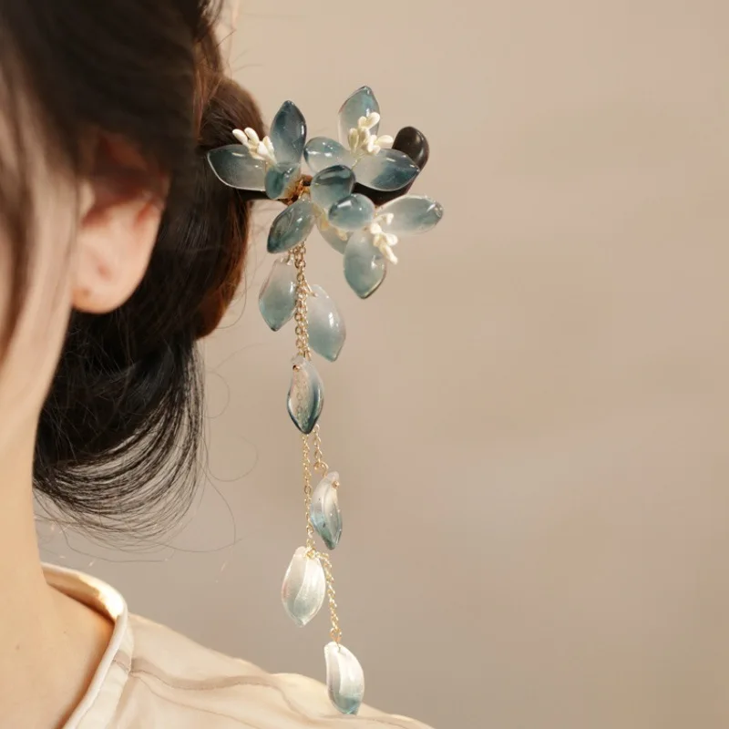 New Chinese Style U Shaped Hair Sticks Forks Blue Flower Hairpin Pendant Jewelry for Women Girls Hanfu Dress Hair Accessories