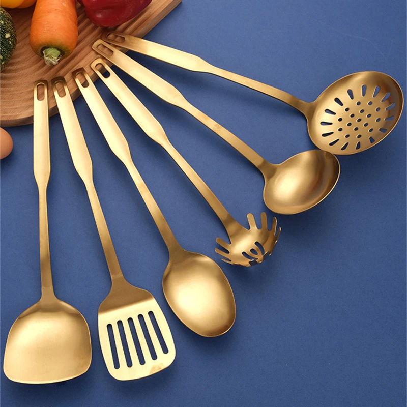 Kitchen Stainless Steel Golden Cooking Utensils Hanging Korean Style with Pattern Kitchenware Dinner Soup Spoon Frying Spatula