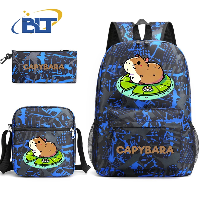 Capybara Cartoon Animal Print Mochila Set, Bolsa Escolar Estudante, Bolsa de Ombro, Lápis Case, Kids, Presente de Volta à Escola, Bonito, 3 Pcs