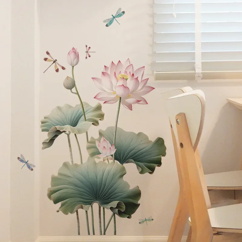 Green Plant Lotus Flower Wall Stickers For Room Decor Aesthetic Wall Decoration Bedroom Accessories Home Decor Plant Wallpaper