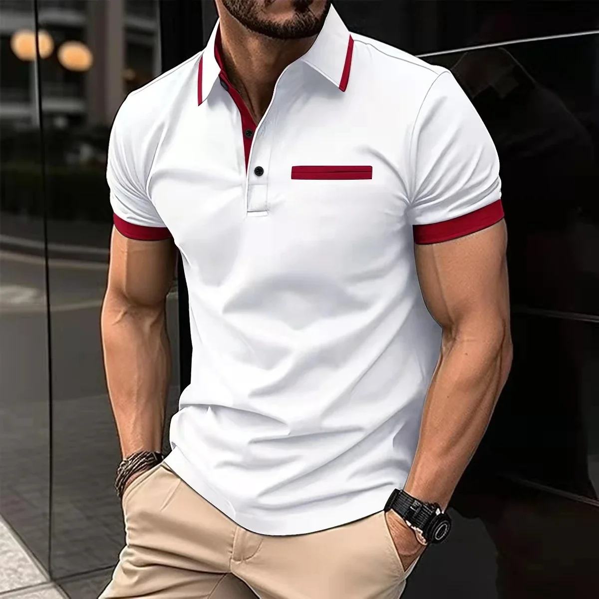 Summer men\'s short-sleeved polo shirt casual breathable top T-shirt fake pocket design men\'s casual street wear