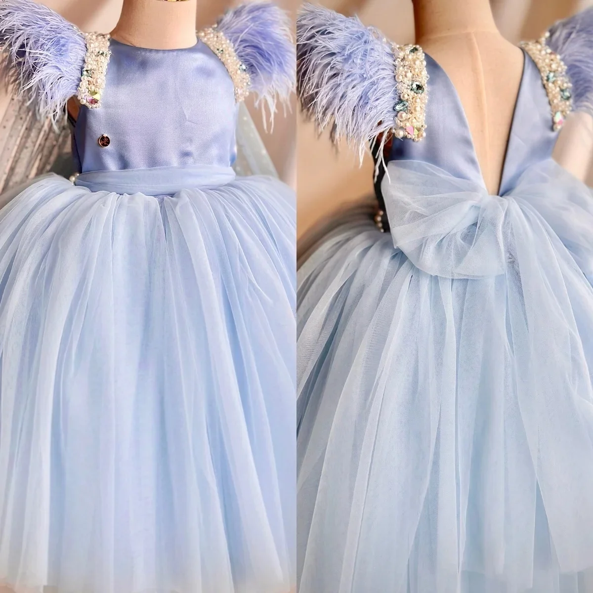 

Custom Flower Girl Dress Wedding Gown Birthday Party Pageant Feather Beaded Satin Tulle Baby Dress With Cape فساتين اطفال