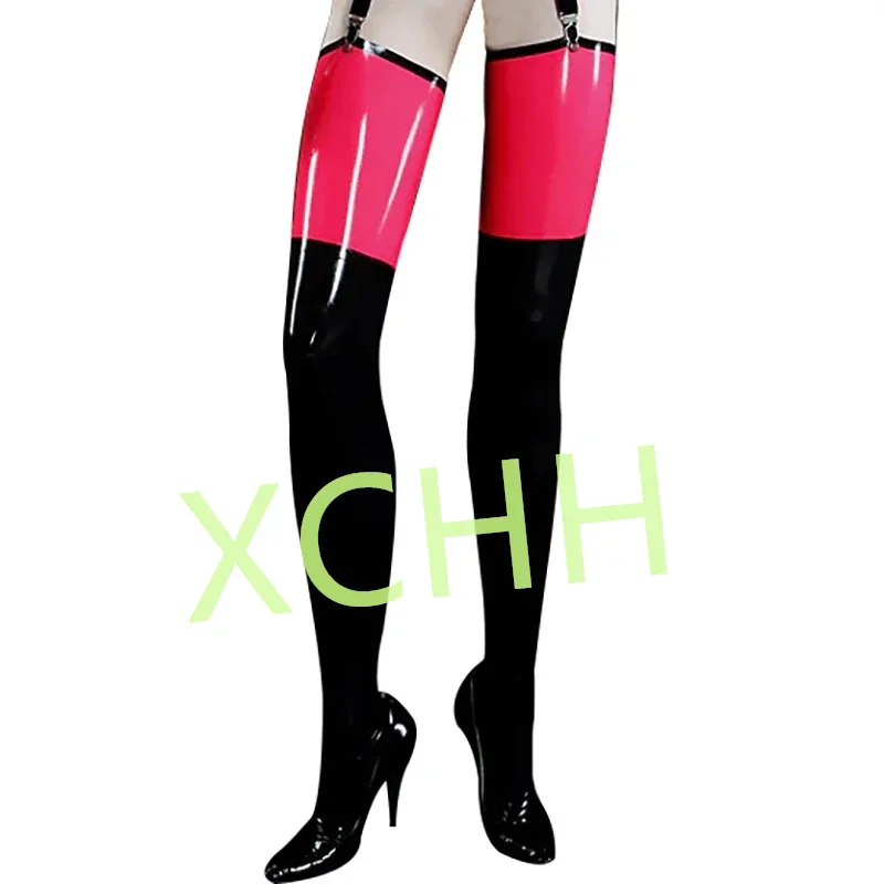 

Sexy Long Latex Stockings Balck with Red Rubber Fetish Thigh Socks for Women Wear Cosplay Costumes