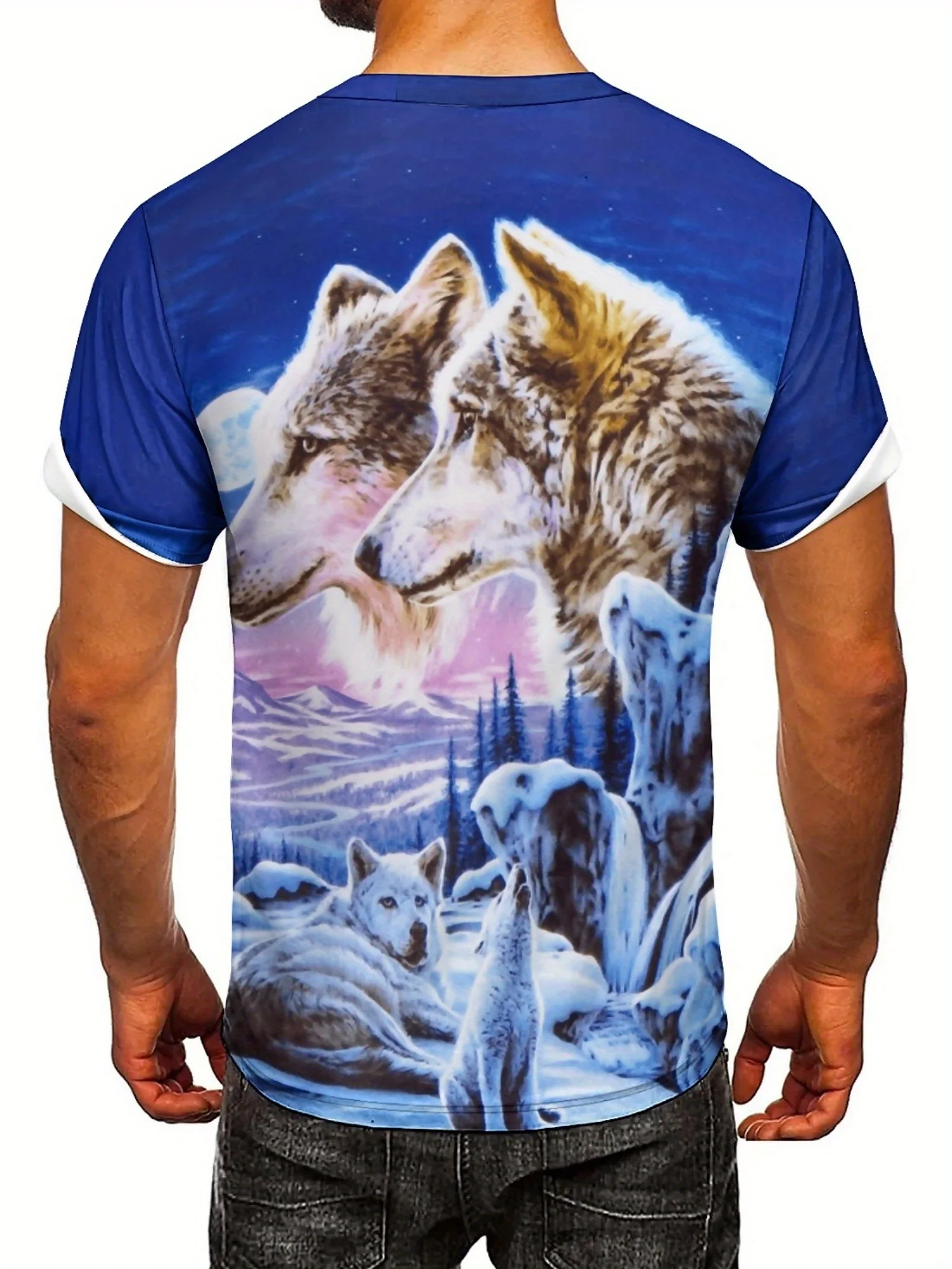 Men's 3D Digital Print Double Wolf & Geometric Graphic T-Shirt - Hip-Hop Style Loose Fit Short Sleeve, 100% Polyester