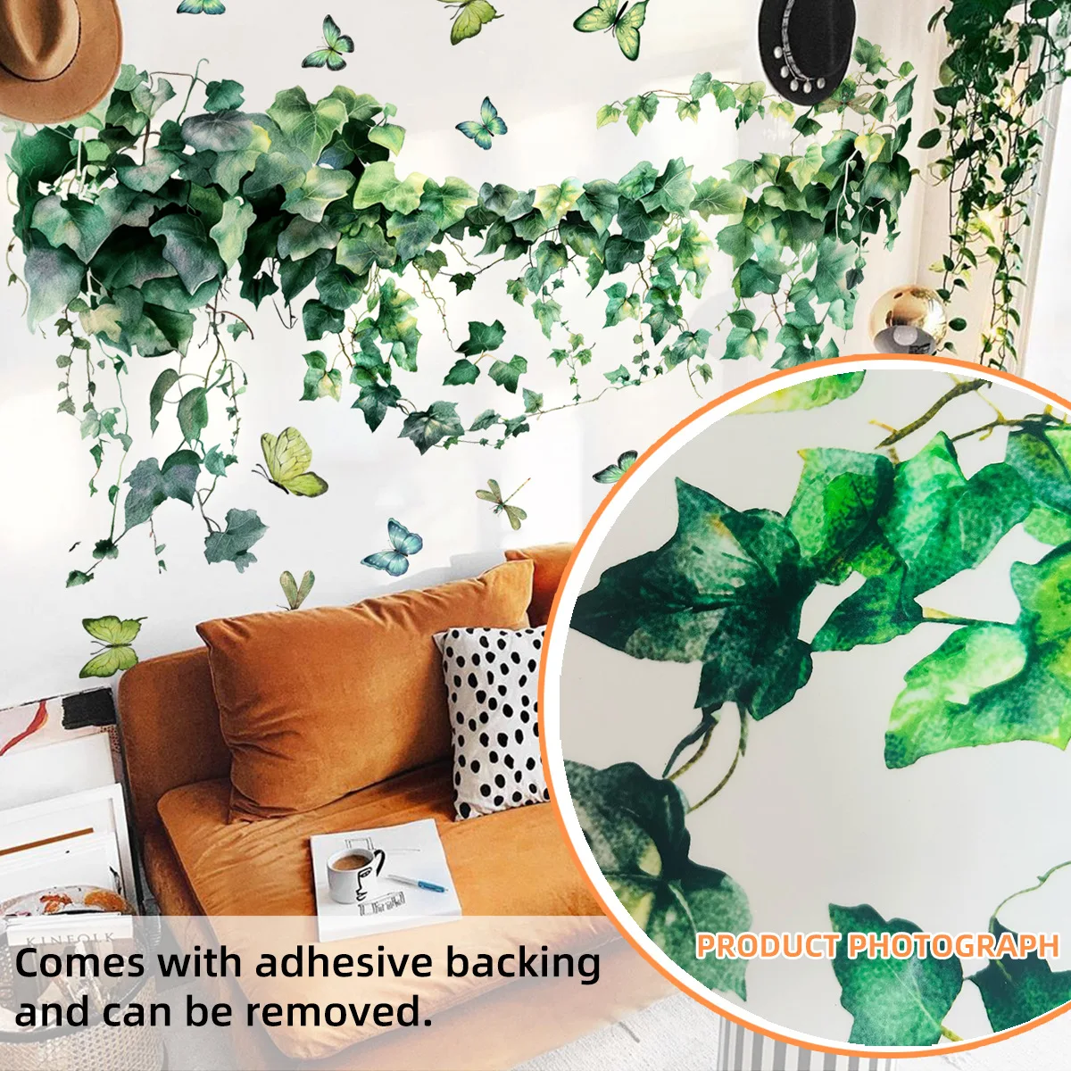 Green Plant Vine Wall Sticker Butterfly Wall Decals Green Leaf Living Room Home Decor Wall Murals Bedroom Kids Room Wallpaper