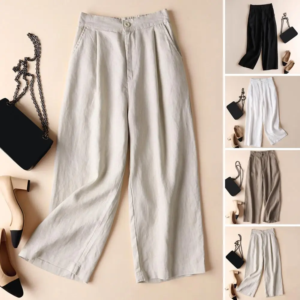 

Women Loose Fit Pants Versatile Women's Pants Mid-rise Elastic Waist Loose Fit Trousers with Pockets for Office Lady Comfort