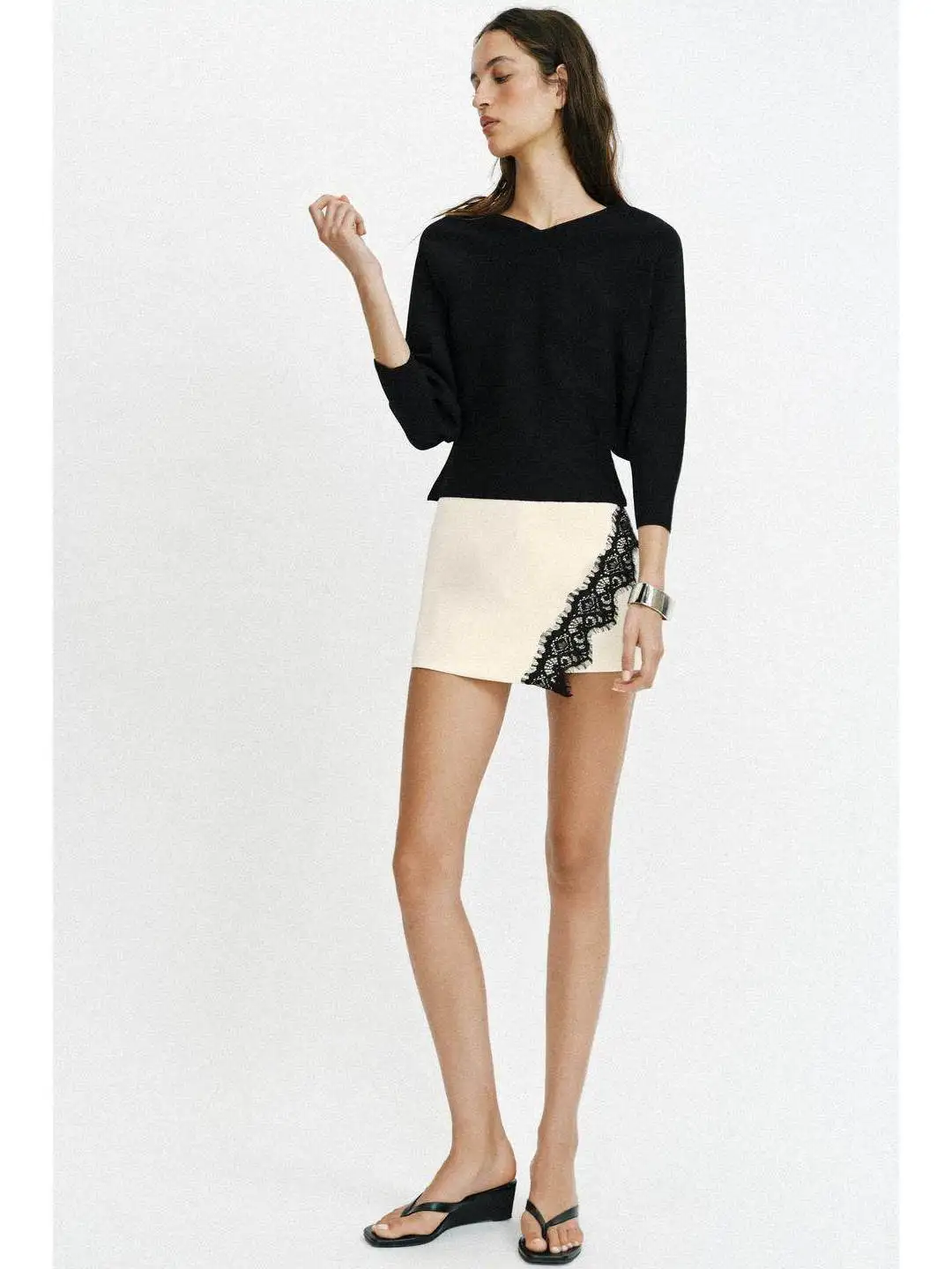 

Summer Back Seam Closure Double Lapel Color Block Lace Design Skirt Standard Fit A-Line Silhouette Polyester Fiber