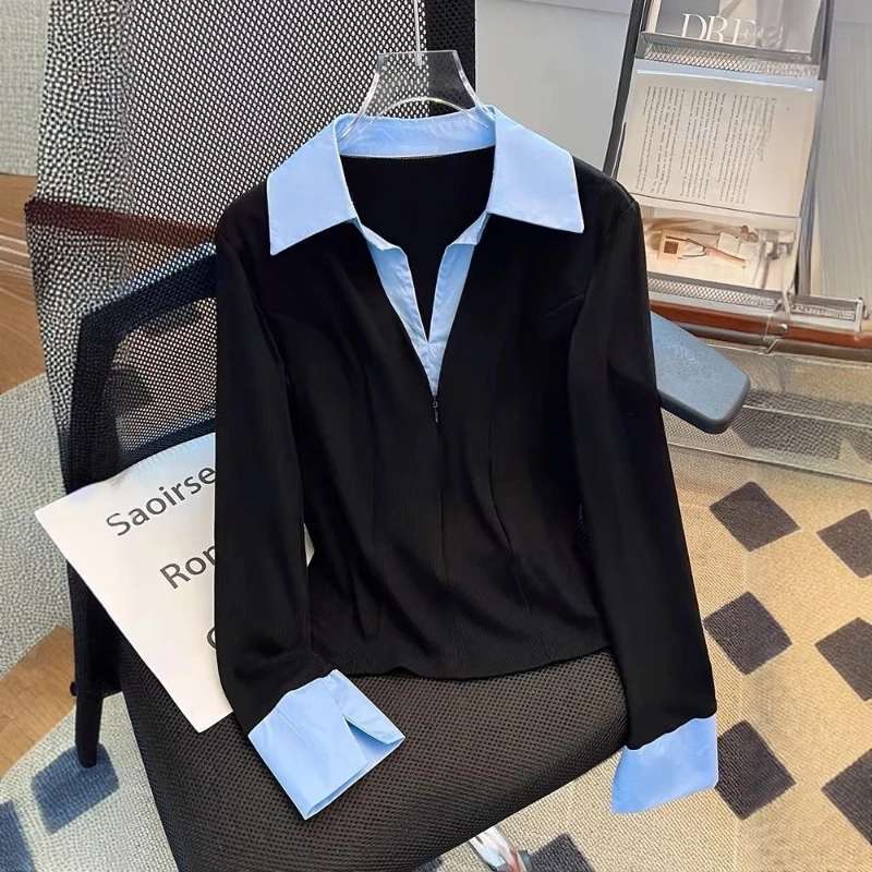

Темпераментная контрастная лоскутная блузка с длинным рукавом, весна-осень, новая офисная рубашка с воротником-поло, топы, элегантная модная женская одежда
