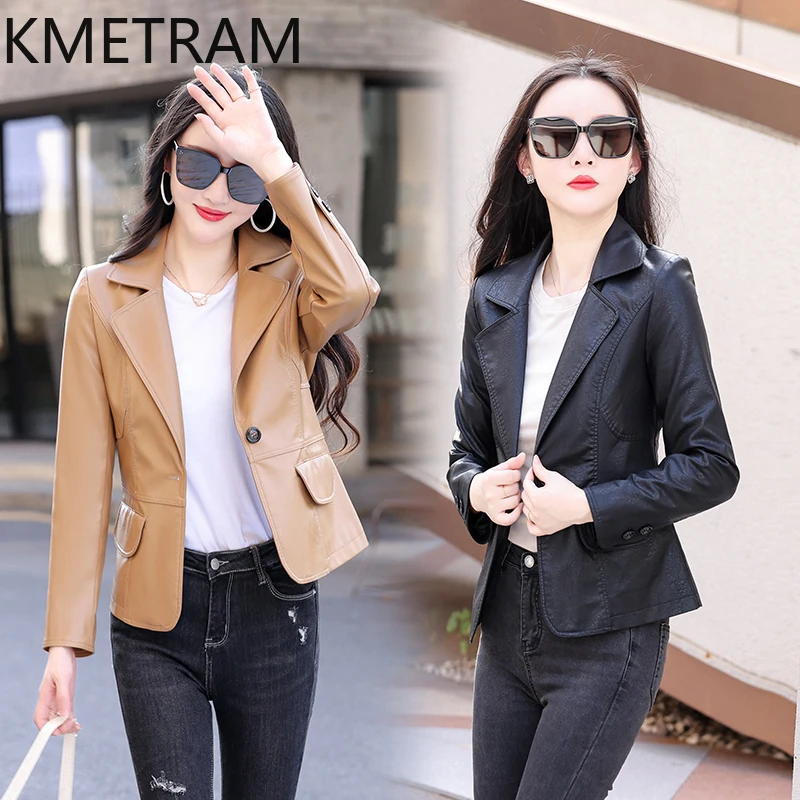 KMETRAM-Veste en cuir de mouton véritable pour femme, manteau court, slim, noir imbibé, printemps, automne, 2024