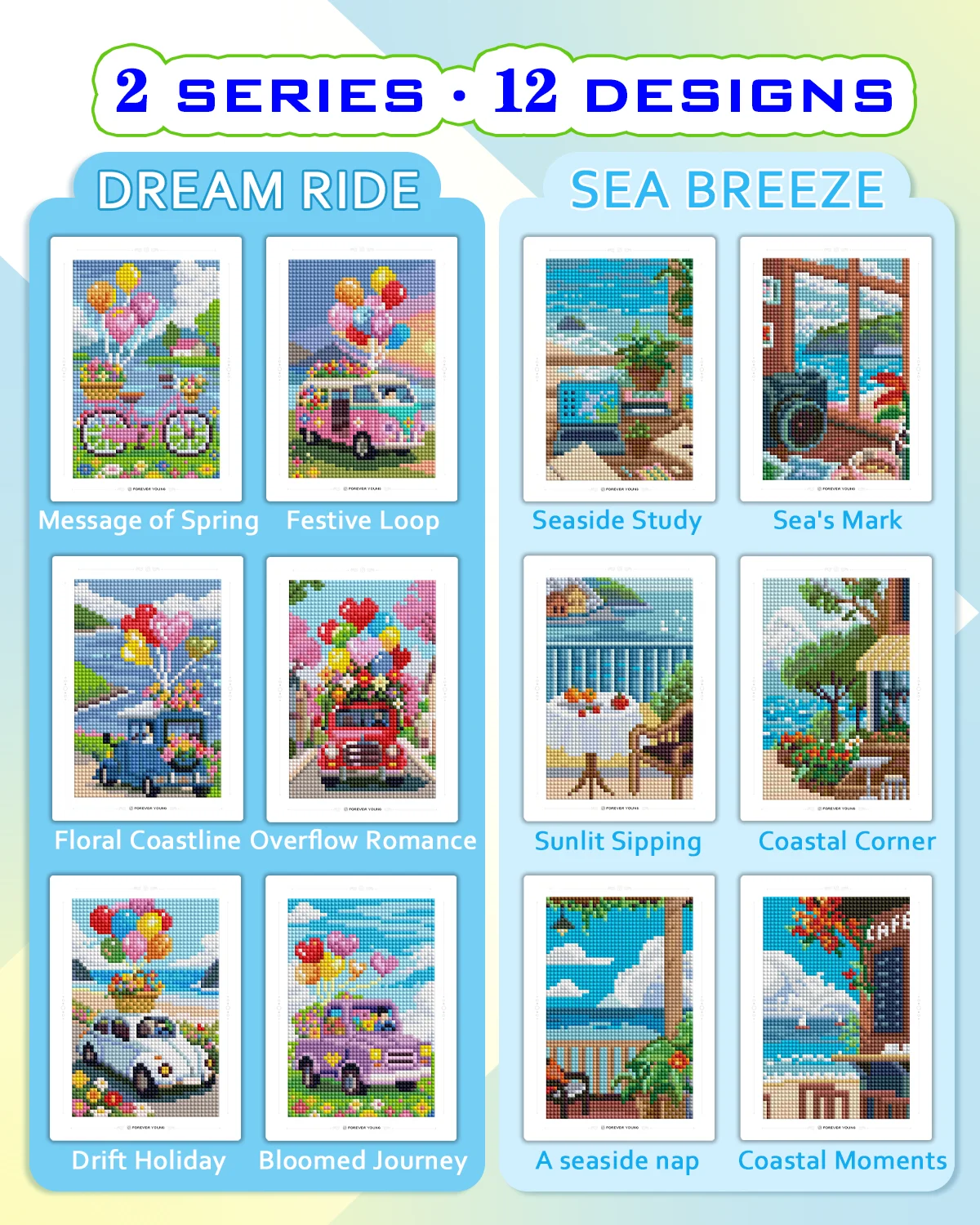 Foreveryoung 12Pcs Mini Diamond Art Kits 5x7 Inch Resin Square Drill for Beginners Sea Echo & Dream Journey Sets